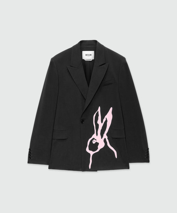 Charcoal single-breasted jacket in cool wool with "Sketched Bunnies" print