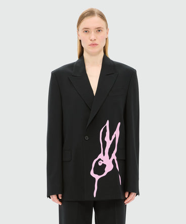 Charcoal single-breasted jacket in cool wool with "Sketched Bunnies" print