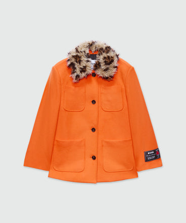 Giacca arancione in panno di lana con collo shaggy animalier