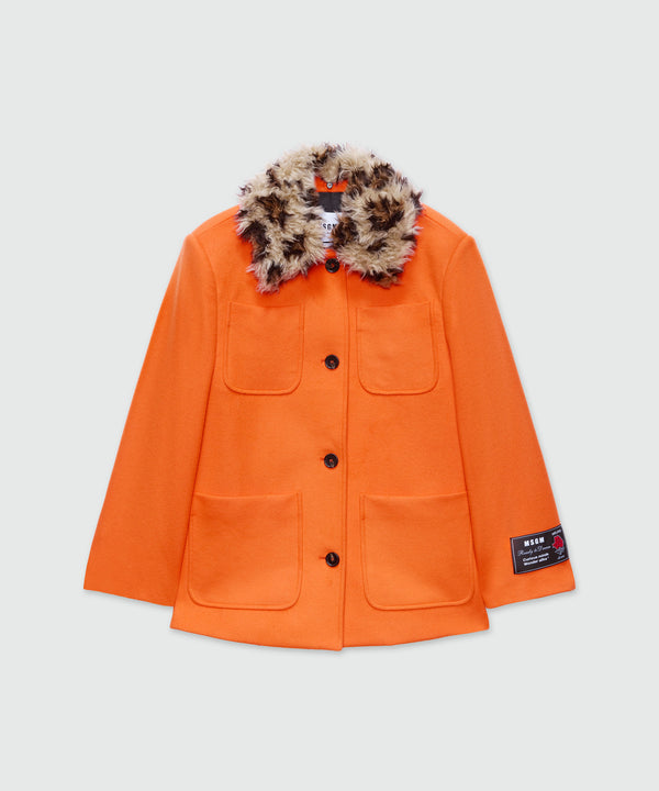 Orange wool jacket with shaggy animalier collar