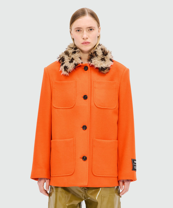 Orange wool jacket with shaggy animalier collar