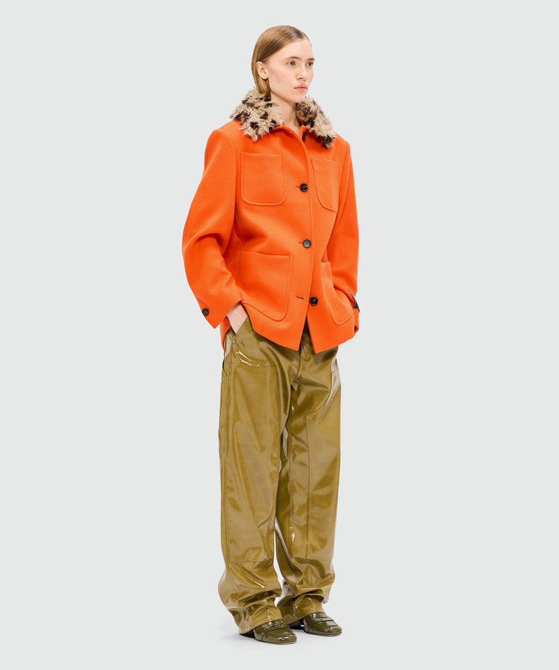 Giacca arancione in panno di lana con collo shaggy animalier 10 Donna 
