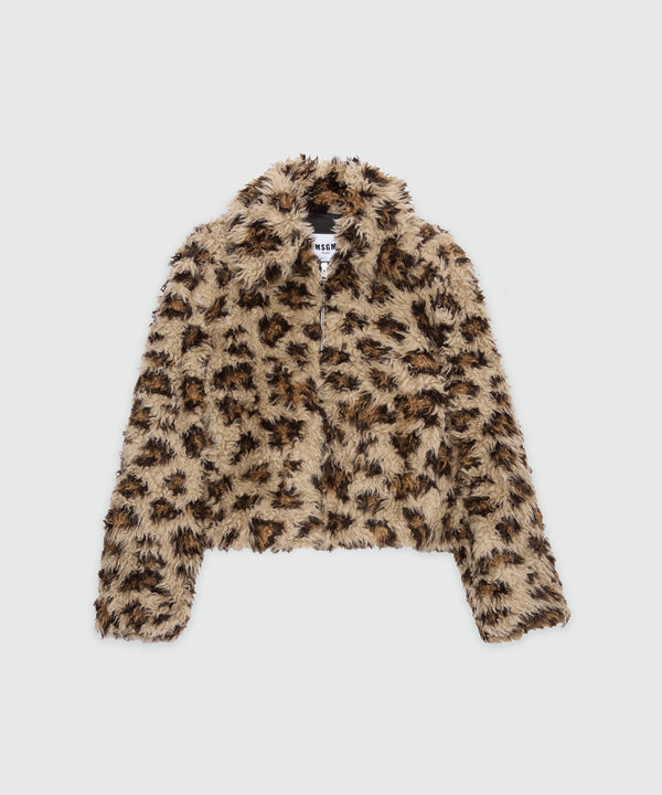 Beige animalier jacket in shaggy-effect faux fur
