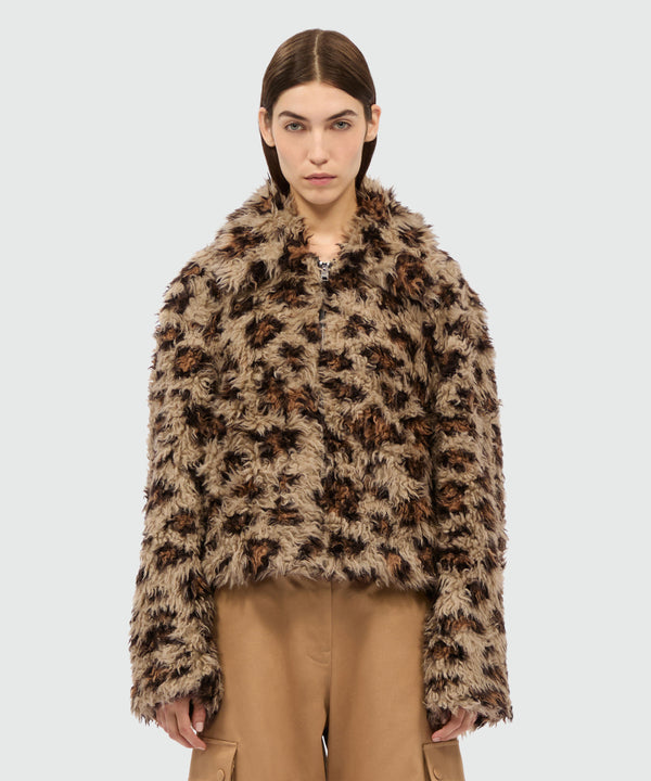 Beige animalier jacket in shaggy-effect faux fur