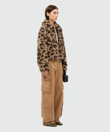 Beige animalier jacket in shaggy-effect faux fur