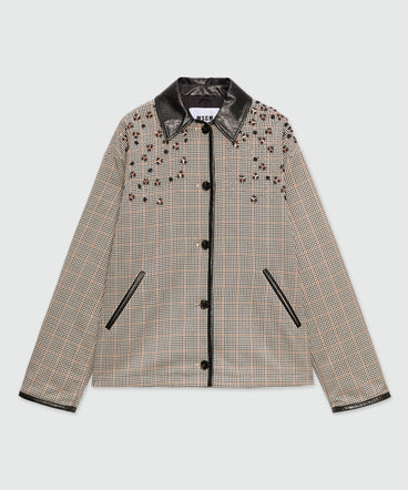 Ivory micro-check jacket with floral embroidery