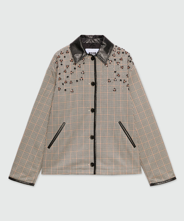 Ivory micro-check jacket with floral embroidery