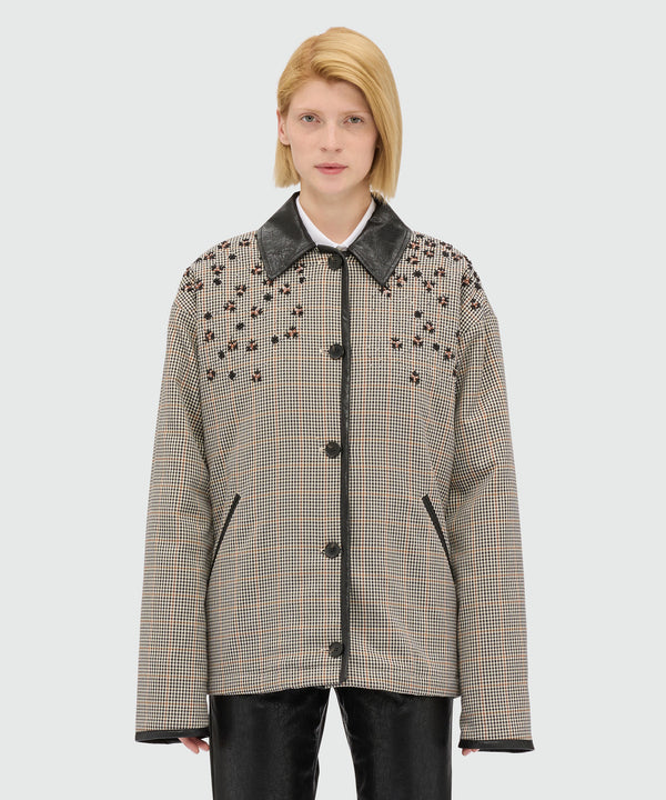 Ivory micro-check jacket with floral embroidery