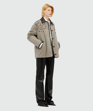 Ivory micro-check jacket with floral embroidery