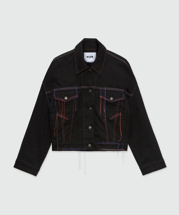 Black denim jacket with multi-colored stitching and threads