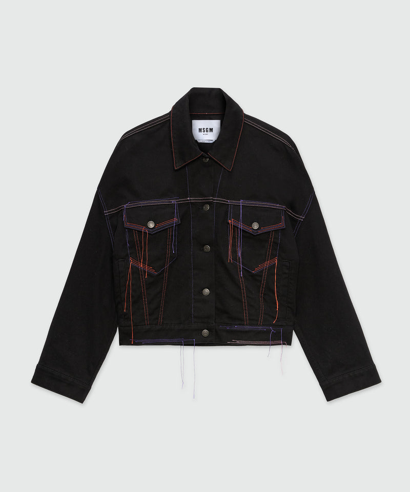 Black denim jacket with multi-colored stitching and threads MSGM