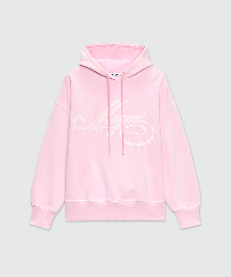 Felpa rosa in jersey con cappuccio e logo MSGM corsivo 12 Donna 