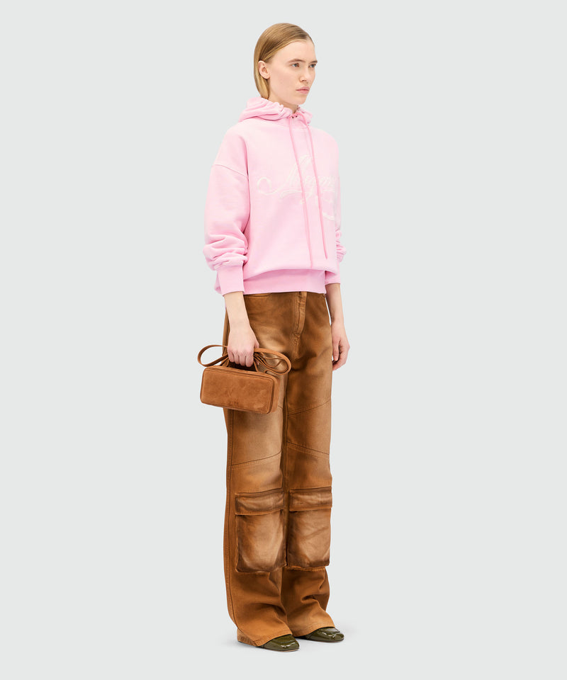 Felpa rosa in jersey con cappuccio e logo MSGM corsivo 12 Donna 