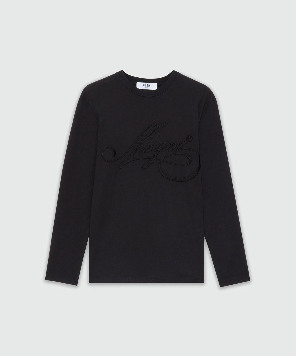 Long-sleeved black jersey T-shirt with cursive MSGM logo