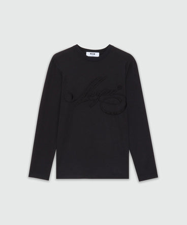 Long-sleeved black jersey T-shirt with cursive MSGM logo embroidery
