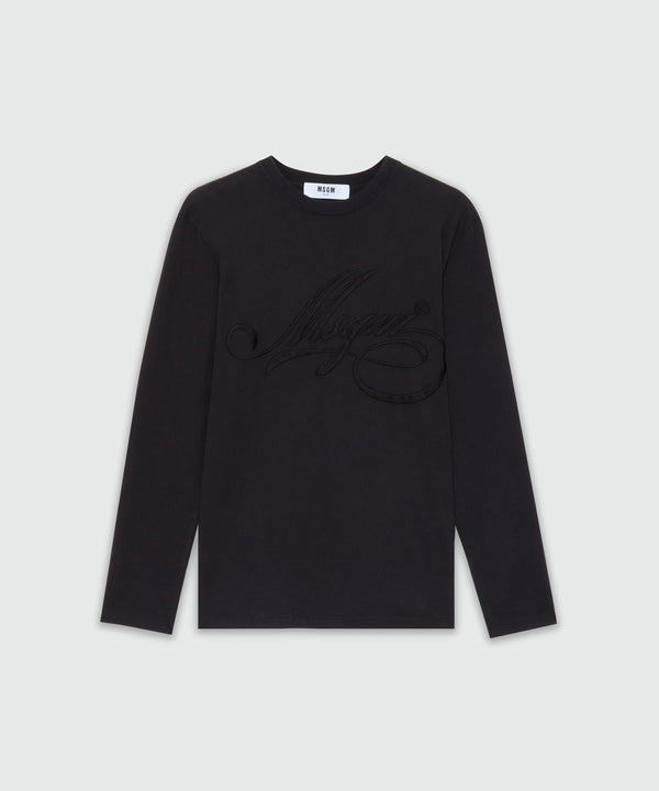 Long-sleeved black jersey T-shirt with cursive MSGM logo embroidery