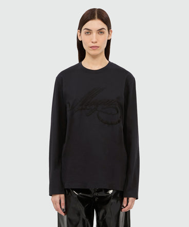 Long-sleeved black jersey T-shirt with cursive MSGM logo embroidery