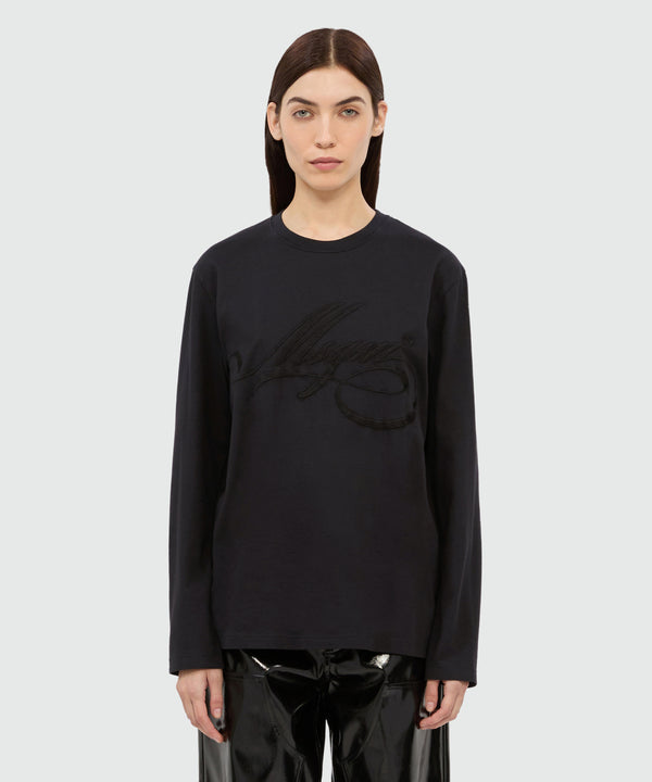 Long-sleeved black jersey T-shirt with cursive MSGM logo embroidery