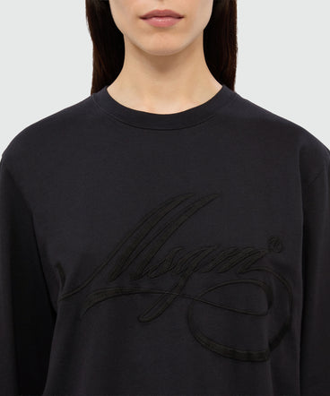 Long-sleeved black jersey T-shirt with cursive MSGM logo embroidery