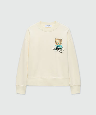 Ivory jersey sweatshirt with "Cute Kitty" graphic and cursive MSGM logo