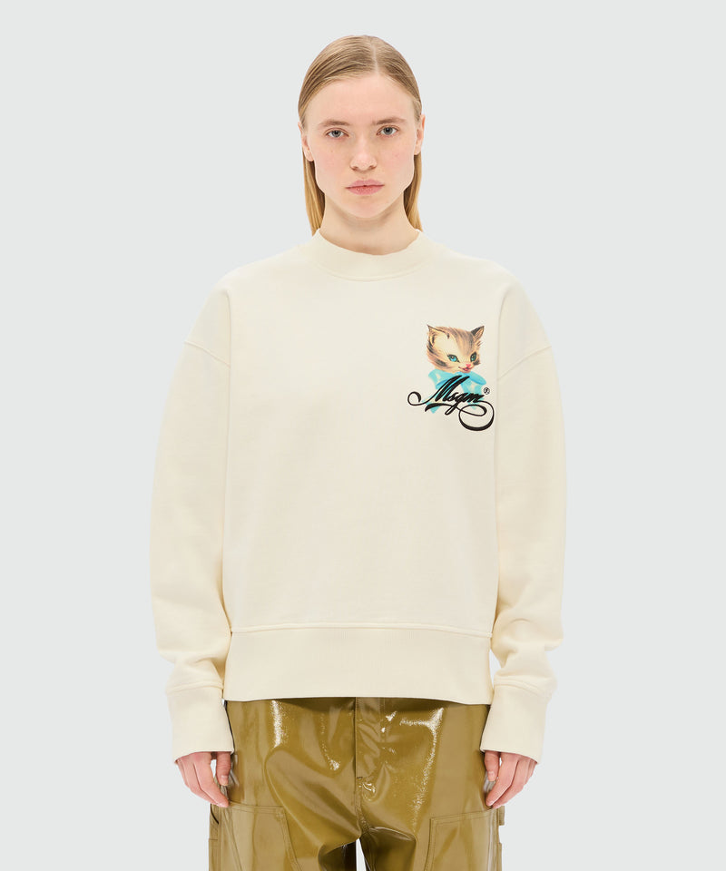 Ivory jersey sweatshirt with "Cute Kitty" graphic and cursive MSGM logo 02 Women 