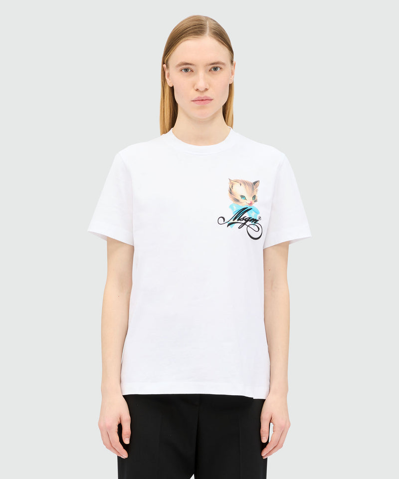 White jersey T-shirt with "Cute Kitty" graphic and cursive MSGM logo 01 Women 