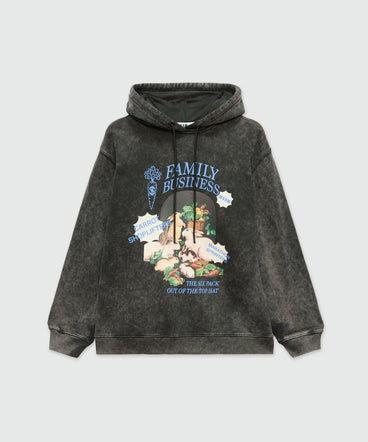 Black jersey hoodie with "Family Business" print