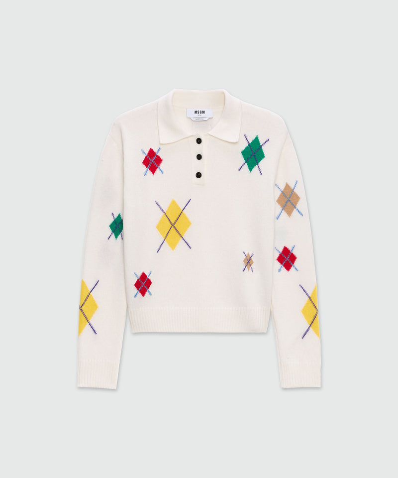Ivory long-sleeved polo shirt with multicolor argyle pattern 2 Women 