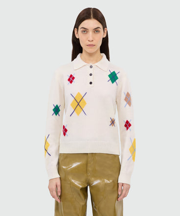Ivory long-sleeved polo shirt with multicolor argyle pattern