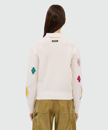 Ivory long-sleeved polo shirt with multicolor argyle pattern