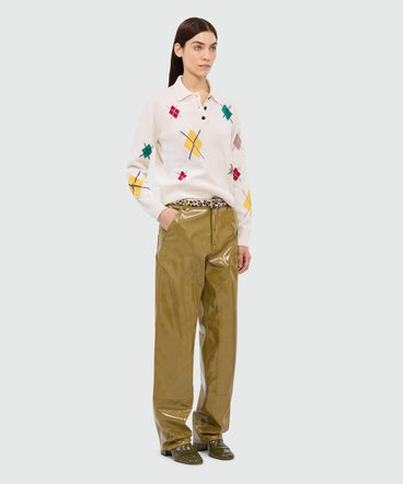 Ivory long-sleeved polo shirt with multicolor argyle pattern