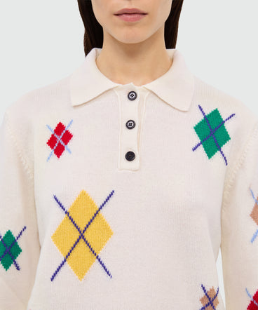 Ivory long-sleeved polo shirt with multicolor argyle pattern