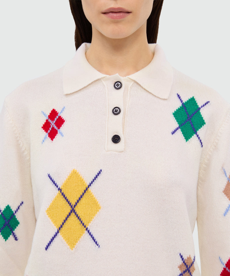 Ivory long-sleeved polo shirt with multicolor argyle pattern 2 Women 