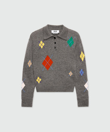 Polo maniche lunghe grigio mélange in maglia con motivo argyle multicolor