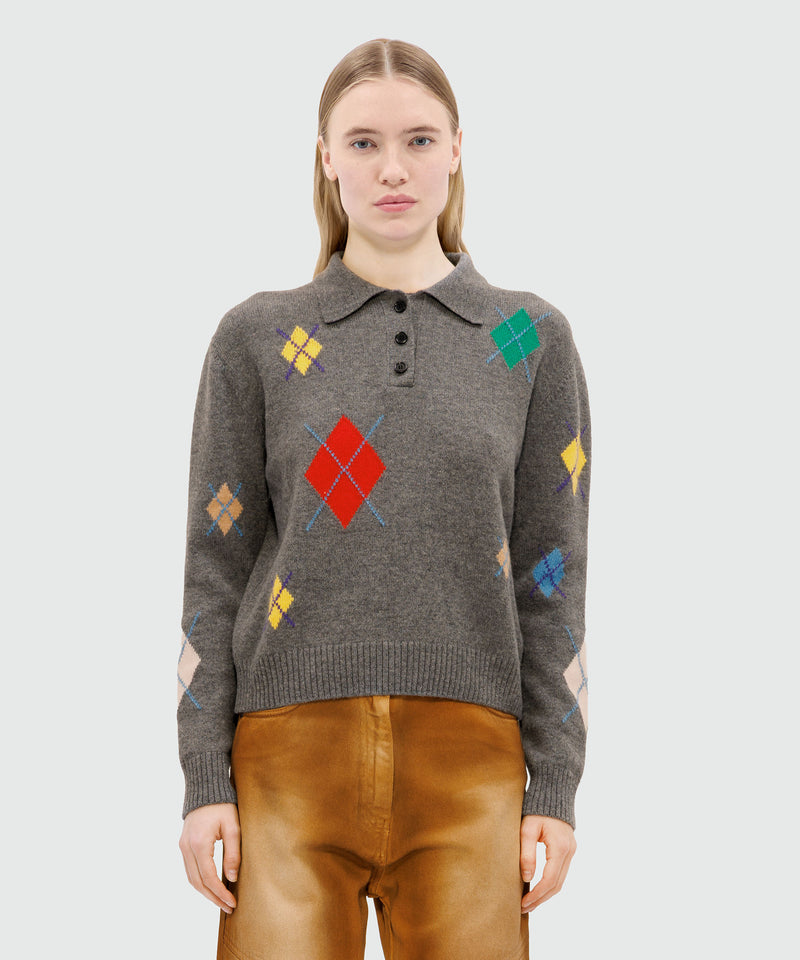 Long-sleeved polo shirt in grey melange with multicolor argyle