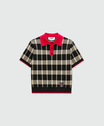 Polo nera maniche corte in techno piquet con motivo check