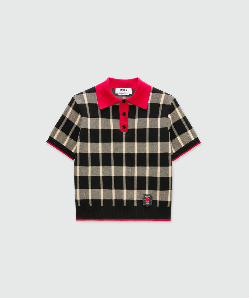 Polo nera maniche corte in techno piquet con motivo check 99 Donna 