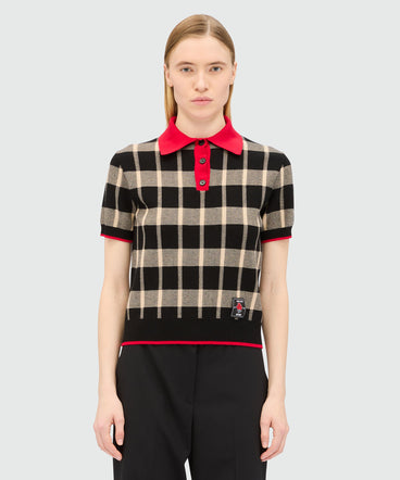 Polo nera maniche corte in techno piquet con motivo check