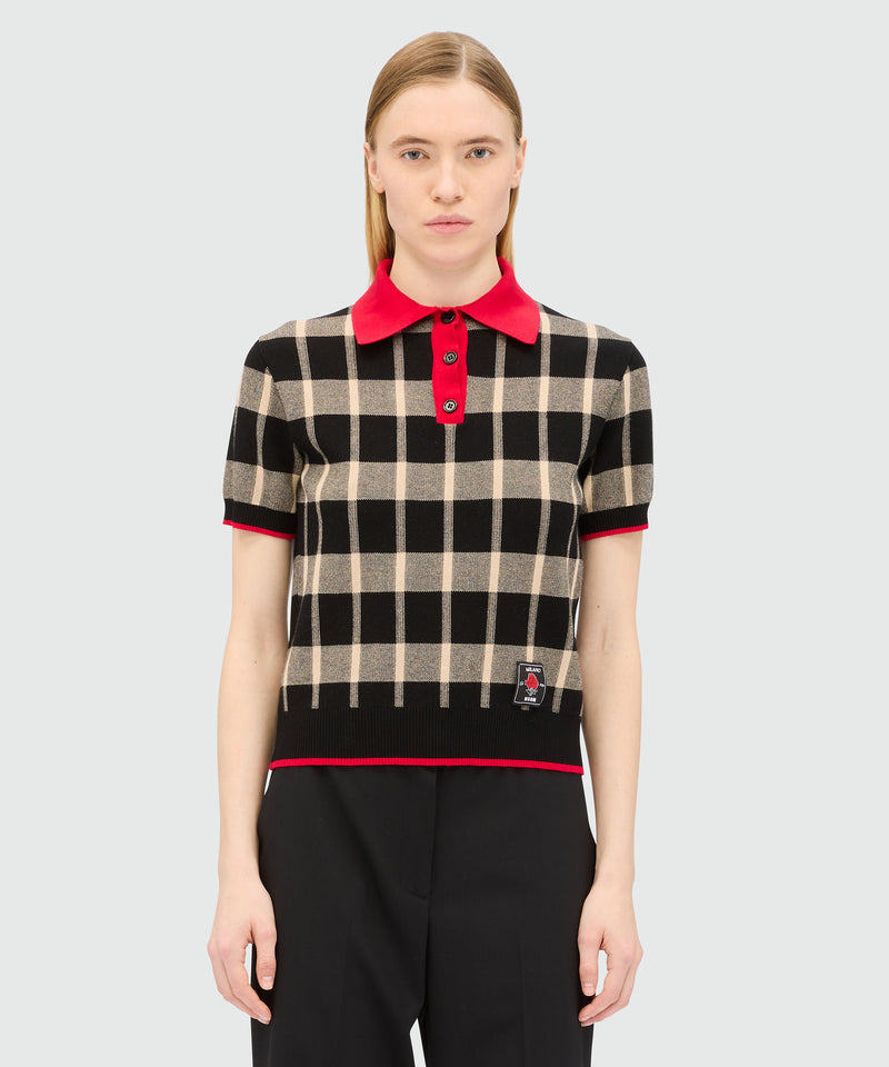 Polo nera maniche corte in techno piquet con motivo check 99 Donna 