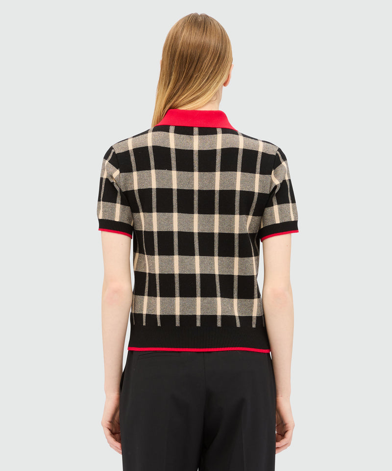 Polo nera maniche corte in techno piquet con motivo check 99 Donna 