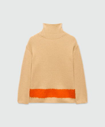 Maglione a collo alto beige con dettaglio colorblock