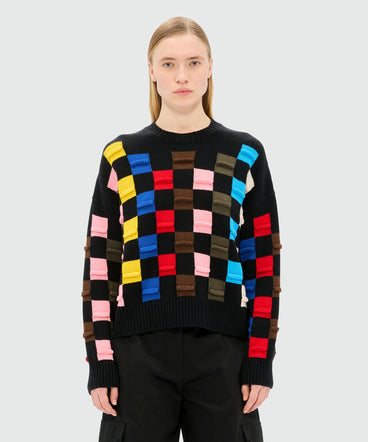 Maglia nera con motivo damier 3D multicolor