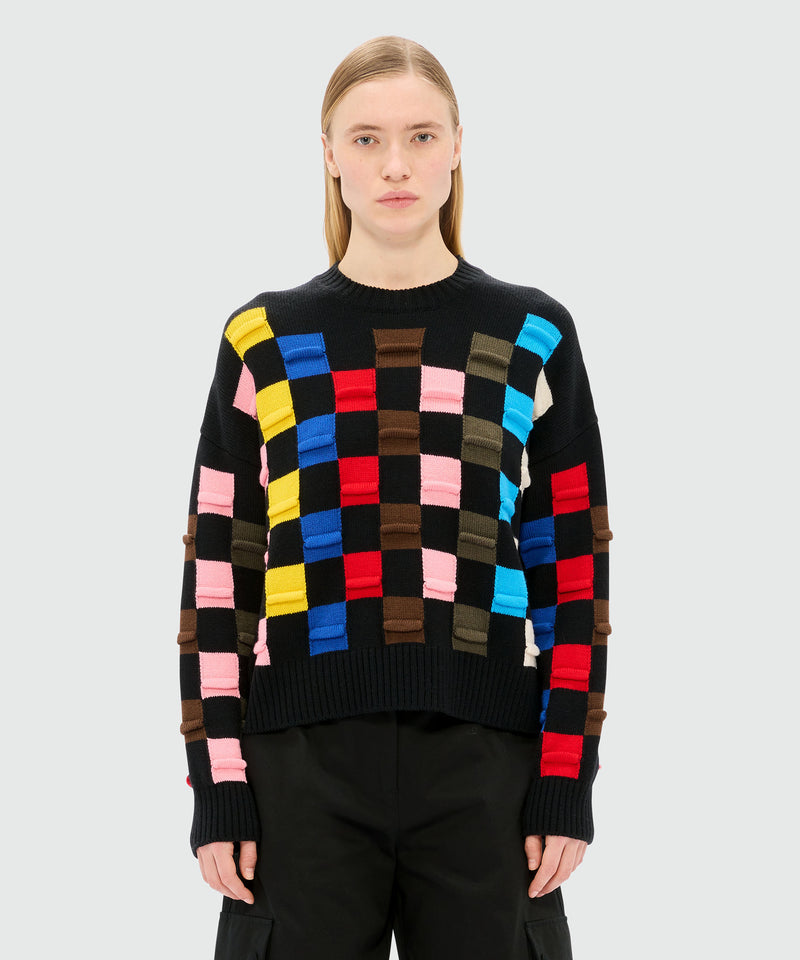 Maglia nera con motivo damier 3D multicolor 99 Donna 