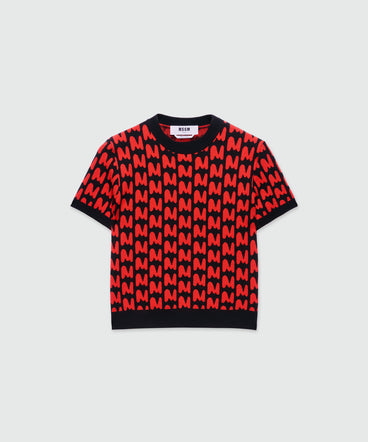 Maglia maniche corte nera in jacquard con motivo "TheMwave"