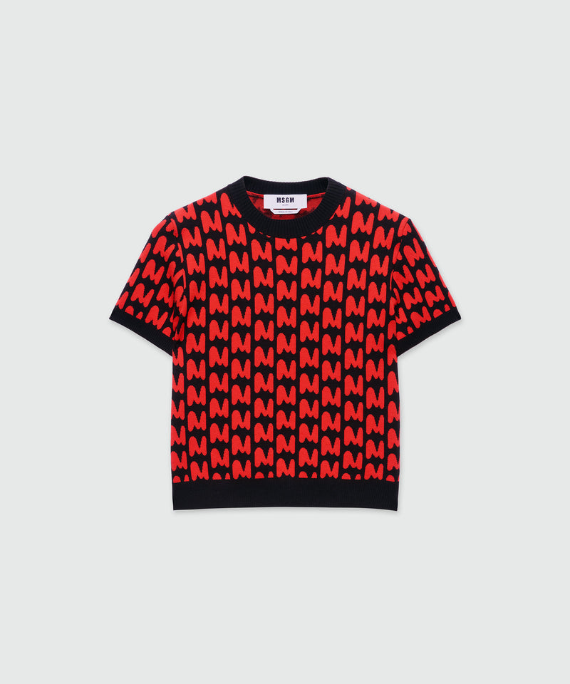 Maglia maniche corte nera in jacquard con motivo "TheMwave" 99 Donna 