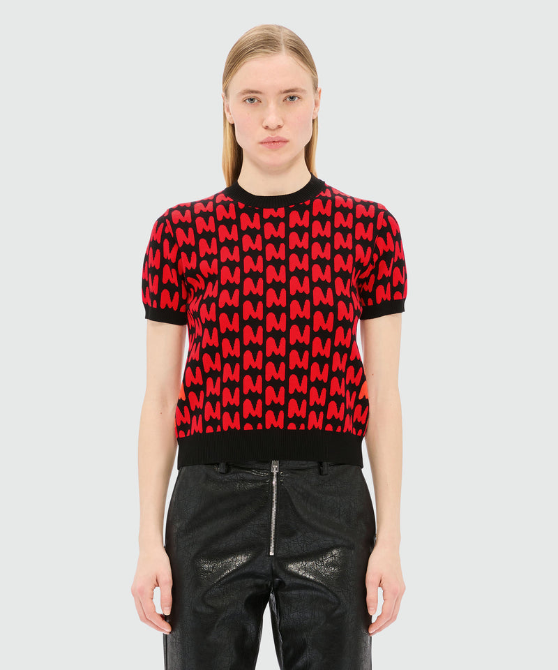 Maglia maniche corte nera in jacquard con motivo "TheMwave" 99 Donna 