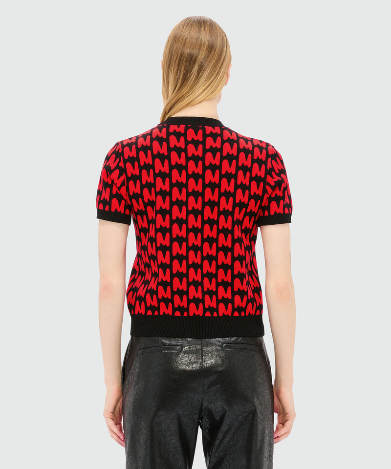 Maglia maniche corte nera in jacquard con motivo "TheMwave" 99 Donna 