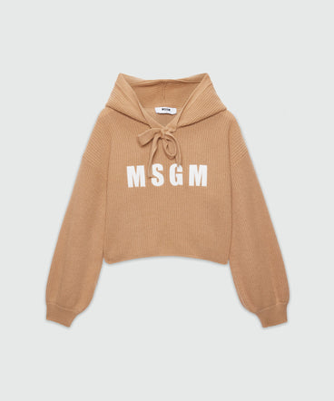 Beige cashmere blend hooded sweater with MSGM logo