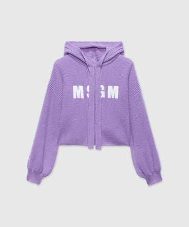 Maglia viola in misto cachemire con cappuccio e logo MSGM