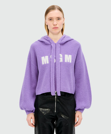 Maglia viola in misto cachemire con cappuccio e logo MSGM